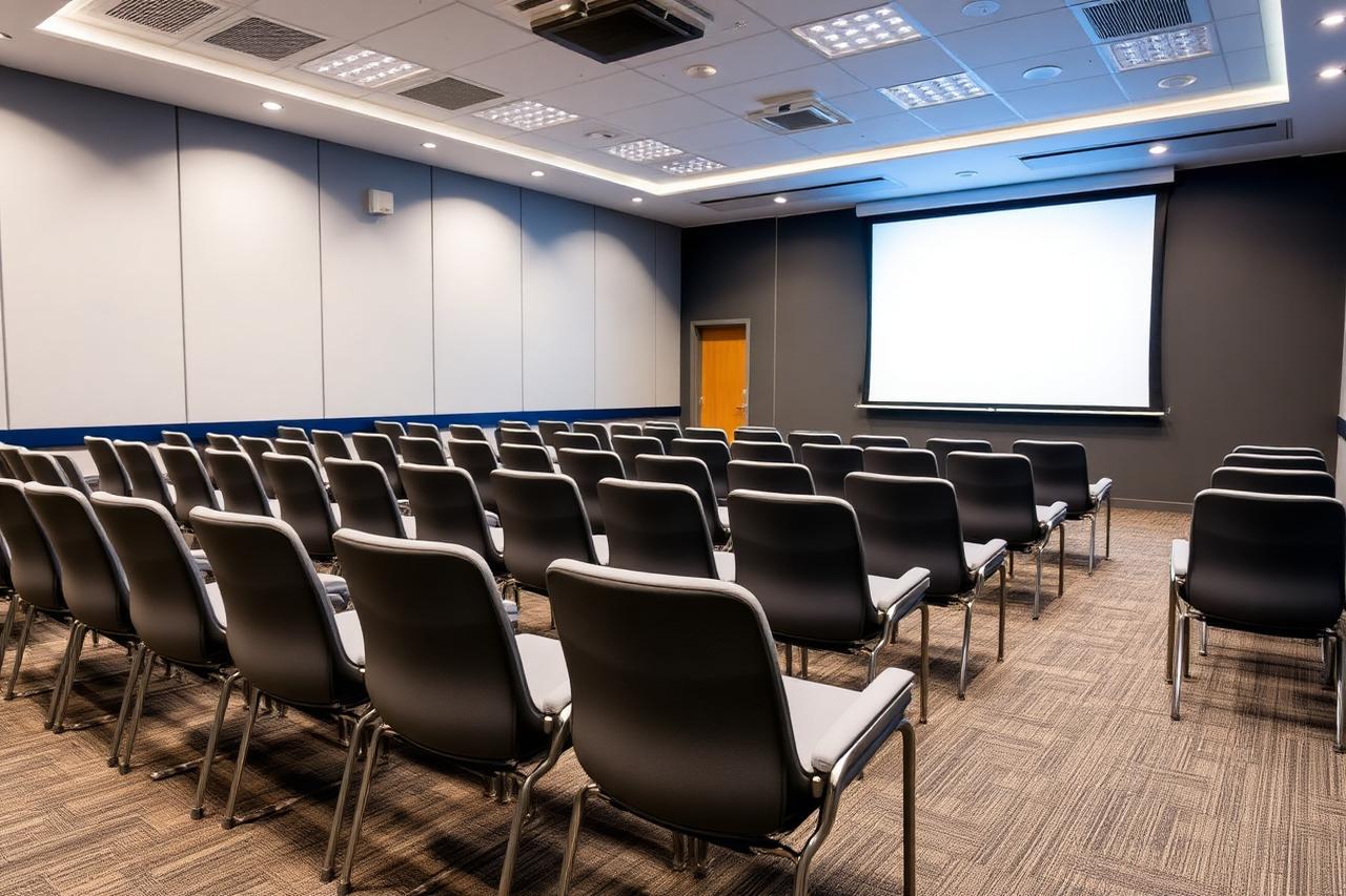 Auditório da CONT com poltronas e tela de projeção