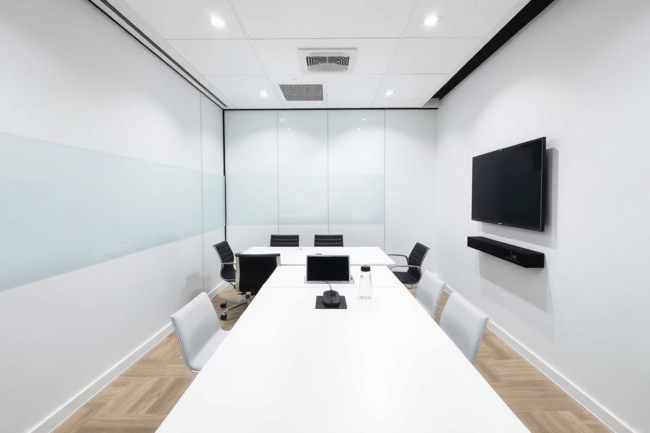 Sala de reunião da CONT com mesa única e TV